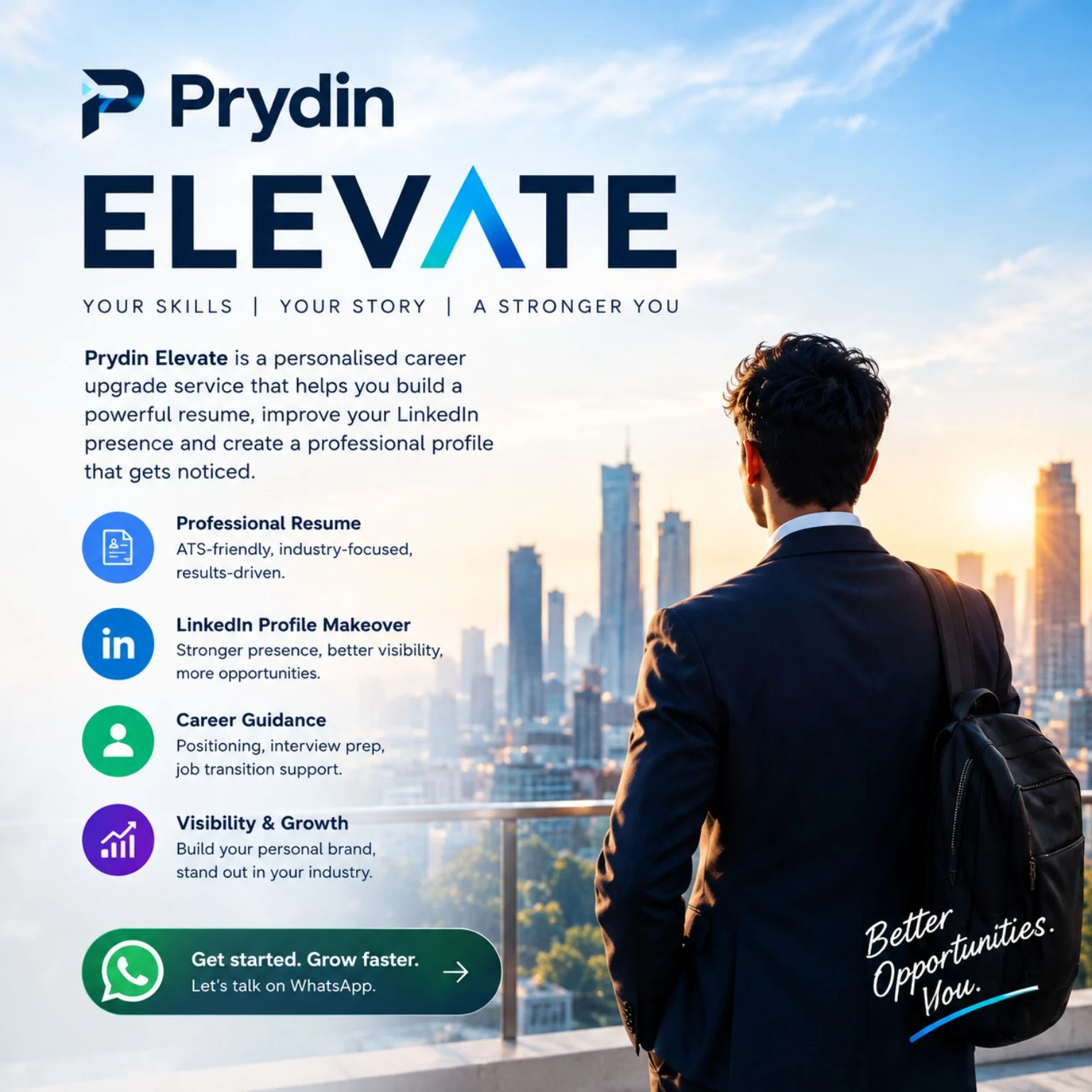 PRYDIN Elevate creative featuring a professional overlooking a city
