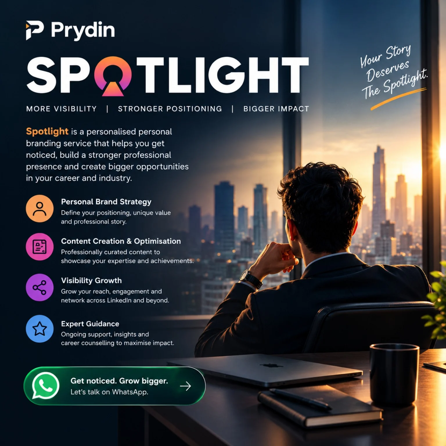 PRYDIN Spotlight creative featuring an executive looking over a city skyline